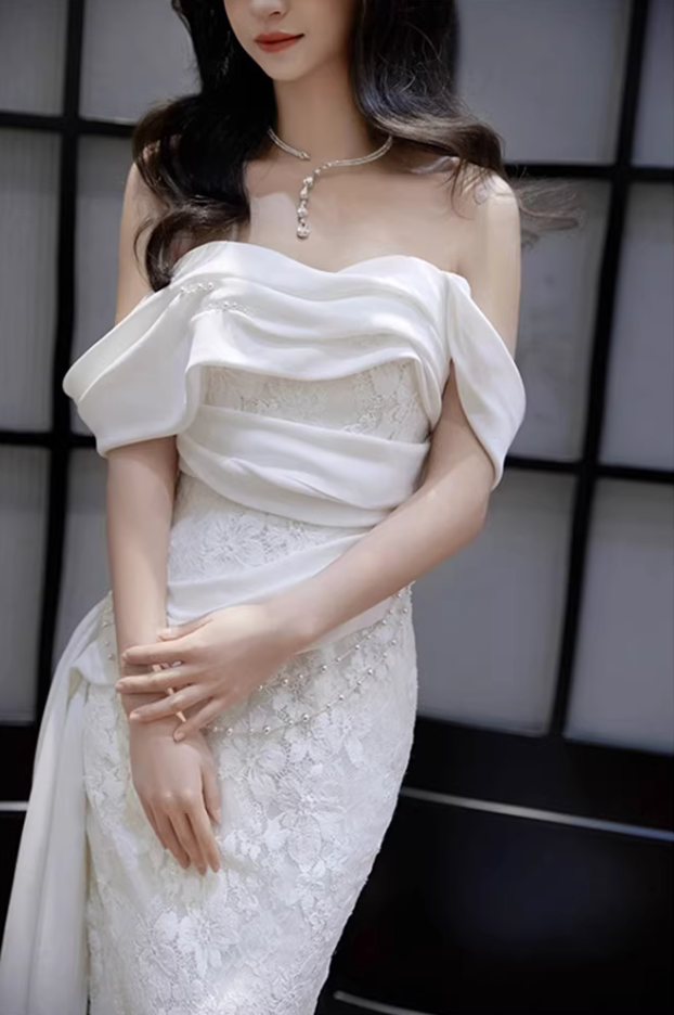 Luxurious Mermaid Off-Shoulder Wedding Dress Appliques Beading Bridal Dress AP6993