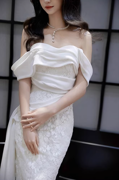 Luxurious Mermaid Off-Shoulder Wedding Dress Appliques Beading Bridal Dress AP6993