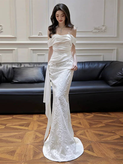 Luxurious Mermaid Off-Shoulder Wedding Dress Appliques Beading Bridal Dress AP6993
