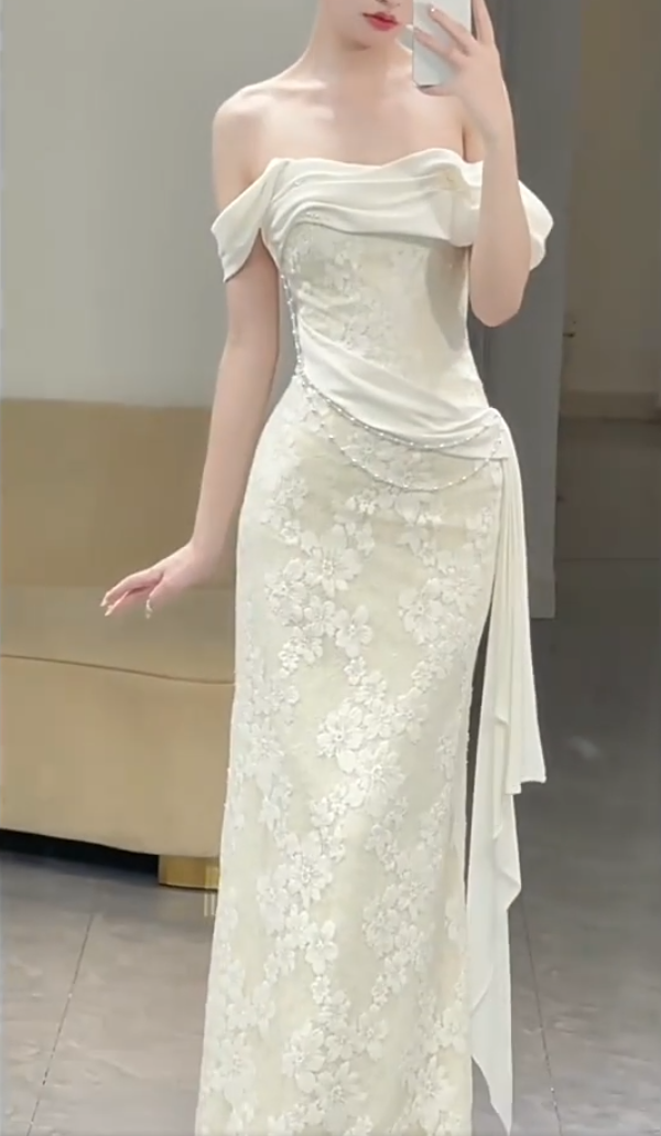Luxurious Mermaid Off-Shoulder Wedding Dress Appliques Beading Bridal Dress AP6993