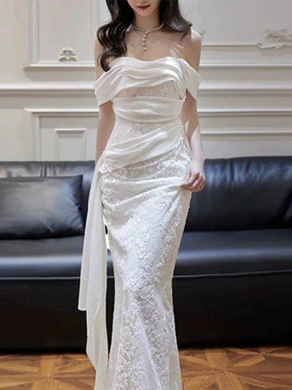 Luxurious Mermaid Off-Shoulder Wedding Dress Appliques Beading Bridal Dress AP6993