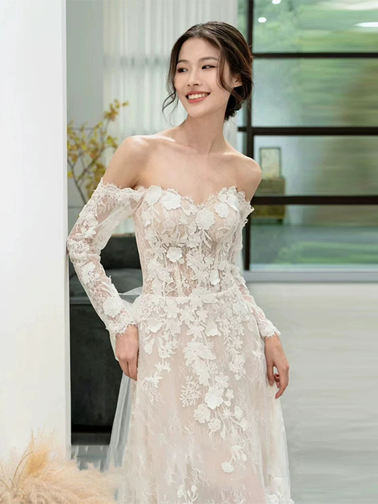 Graceful Off-Shoulder Wedding Dress Lace Appliques Long Sleeve Bridal Outfit AP6995