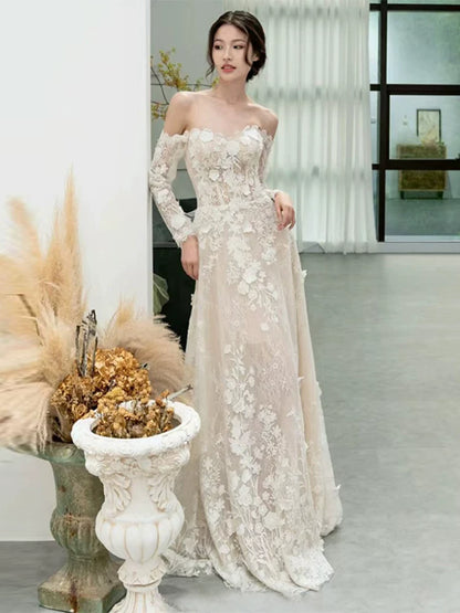 Graceful Off-Shoulder Wedding Dress Lace Appliques Long Sleeve Bridal Outfit AP6995