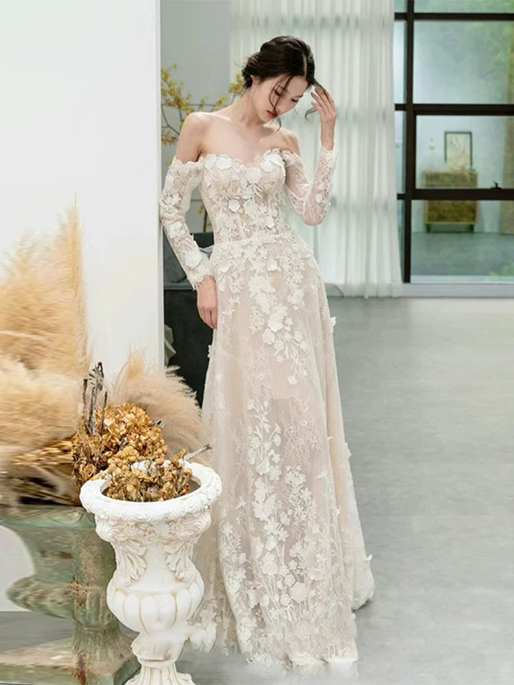 Graceful Off-Shoulder Wedding Dress Lace Appliques Long Sleeve Bridal Outfit AP6995