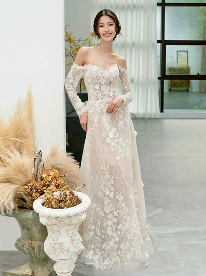 Graceful Off-Shoulder Wedding Dress Lace Appliques Long Sleeve Bridal Outfit AP6995