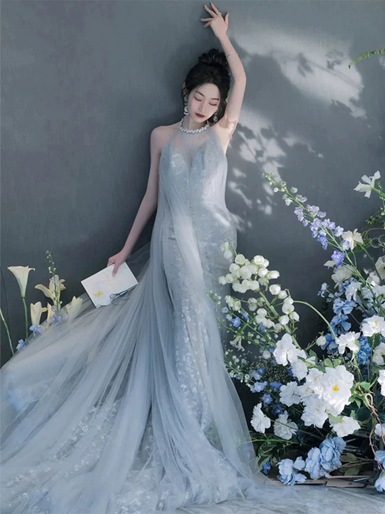 Elegant A-Line Blue Prom Dress Tulle Sequins Halter Neck Evening Gowns AP6996