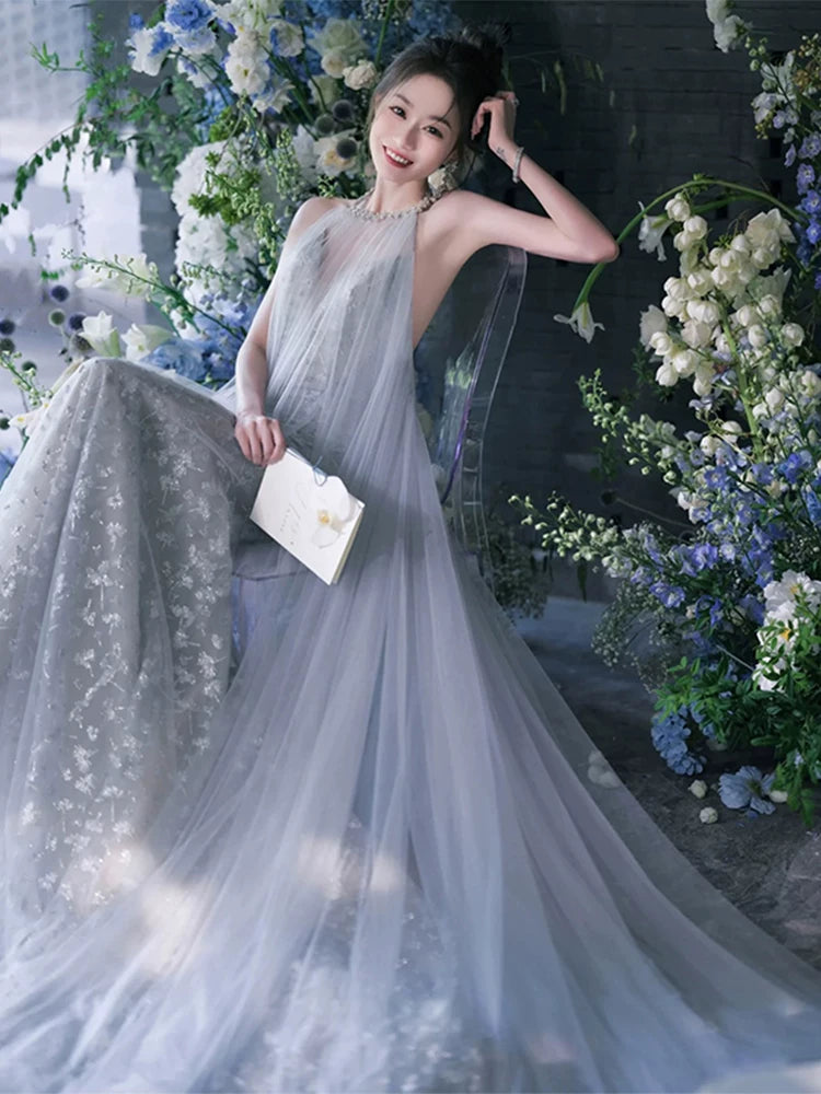 Elegant A-Line Blue Prom Dress Tulle Sequins Halter Neck Evening Gowns AP6996