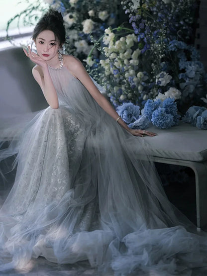 Elegant A-Line Blue Prom Dress Tulle Sequins Halter Neck Evening Gowns AP6996