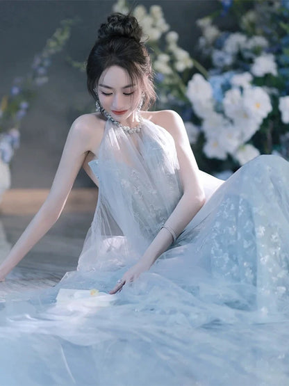Elegant A-Line Blue Prom Dress Tulle Sequins Halter Neck Evening Gowns AP6996
