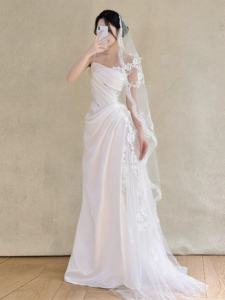 Classical One Shoulder A-Line Wedding Dress With Veil Tulle Appliques Bridal Dress AP6997