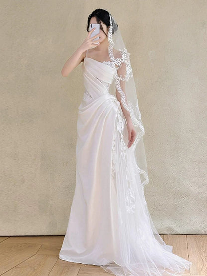 Classical One Shoulder A-Line Wedding Dress With Veil Tulle Appliques Bridal Dress AP6997