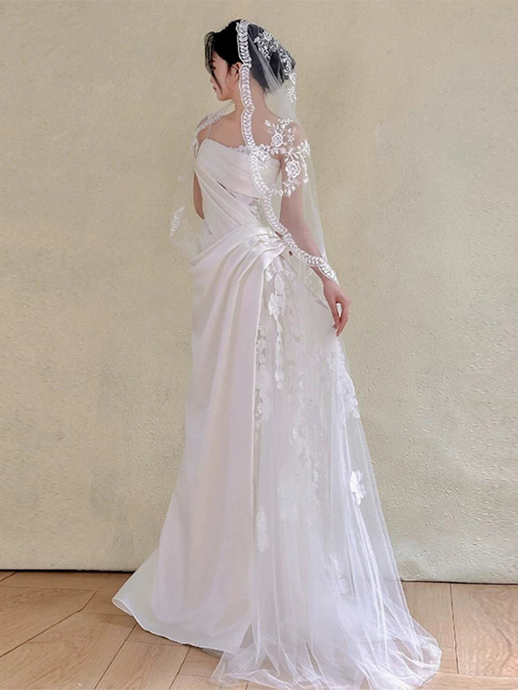 Classical One Shoulder A-Line Wedding Dress With Veil Tulle Appliques Bridal Dress AP6997