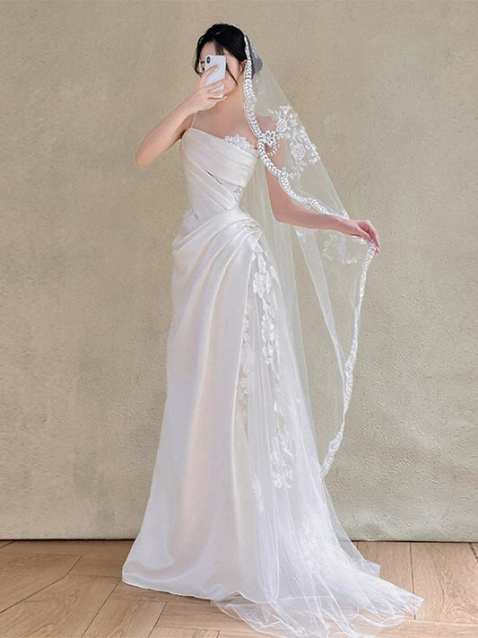 Classical One Shoulder A-Line Wedding Dress With Veil Tulle Appliques Bridal Dress AP6997