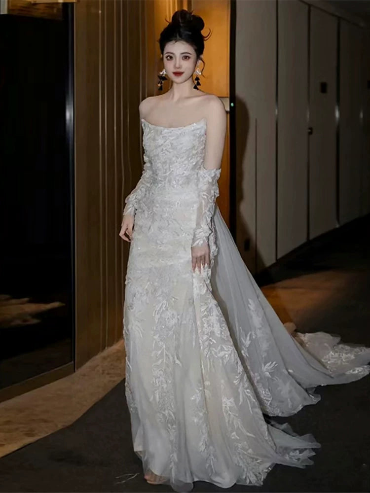 Sweet Strapless Mermaid Wedding Dress With Sleeve Lace Appliques Sequins Bridal Dress AP6998