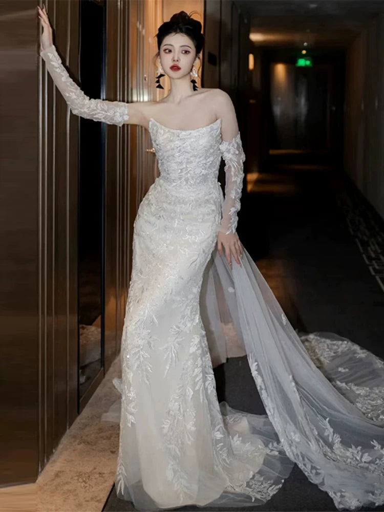 Sweet Strapless Mermaid Wedding Dress With Sleeve Lace Appliques Sequins Bridal Dress AP6998
