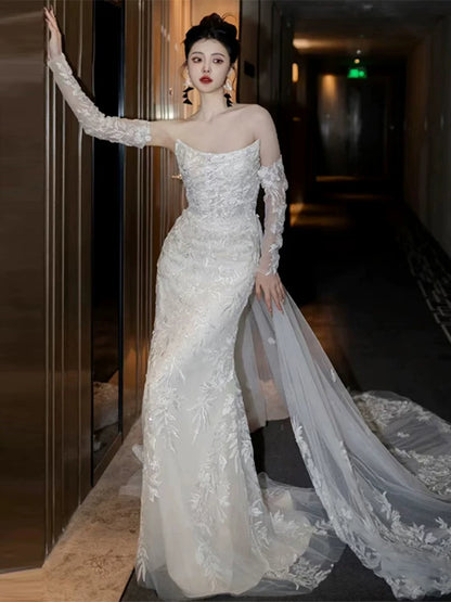 Sweet Strapless Mermaid Wedding Dress With Sleeve Lace Appliques Sequins Bridal Dress AP6998