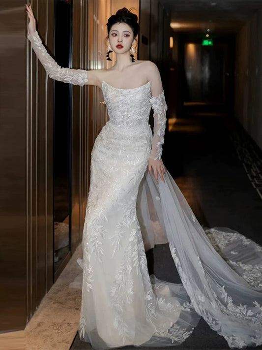 Sweet Strapless Mermaid Wedding Dress With Sleeve Lace Appliques Sequins Bridal Dress AP6998