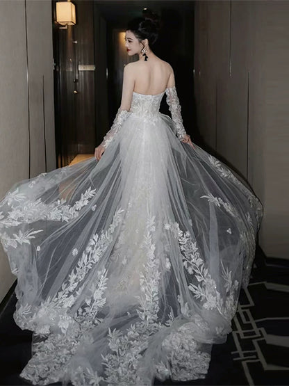 Sweet Strapless Mermaid Wedding Dress With Sleeve Lace Appliques Sequins Bridal Dress AP6998