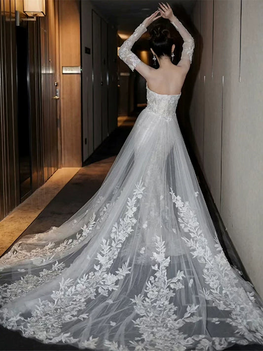 Sweet Strapless Mermaid Wedding Dress With Sleeve Lace Appliques Sequins Bridal Dress AP6998