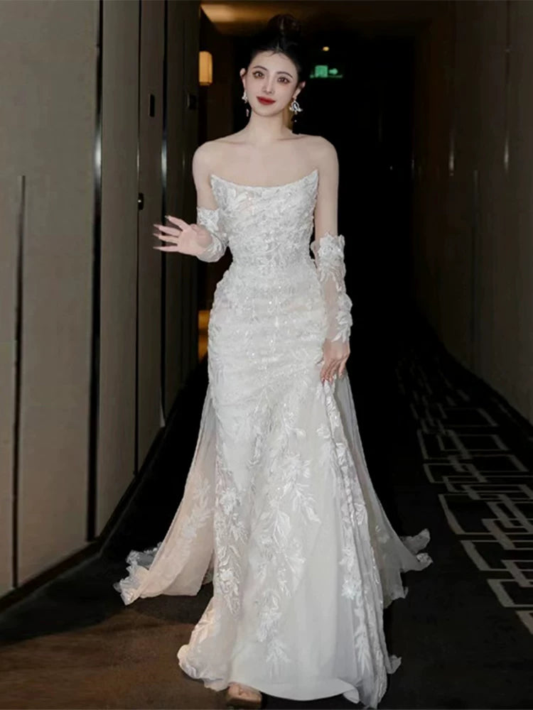Sweet Strapless Mermaid Wedding Dress With Sleeve Lace Appliques Sequins Bridal Dress AP6998