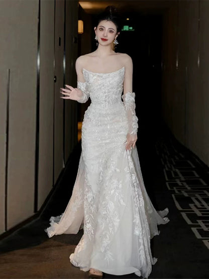Sweet Strapless Mermaid Wedding Dress With Sleeve Lace Appliques Sequins Bridal Dress AP6998