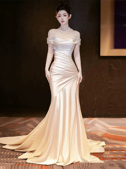 Cute Mermaid Off-Shoulder Wedding Dress Satin Bridal Dress AP6999