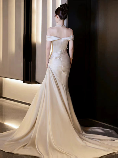 Cute Mermaid Off-Shoulder Wedding Dress Satin Bridal Dress AP6999