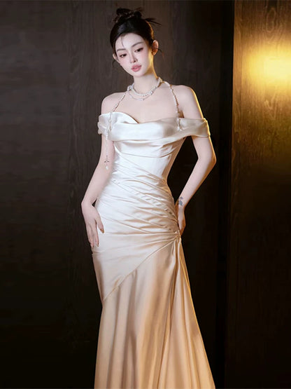 Cute Mermaid Off-Shoulder Wedding Dress Satin Bridal Dress AP6999