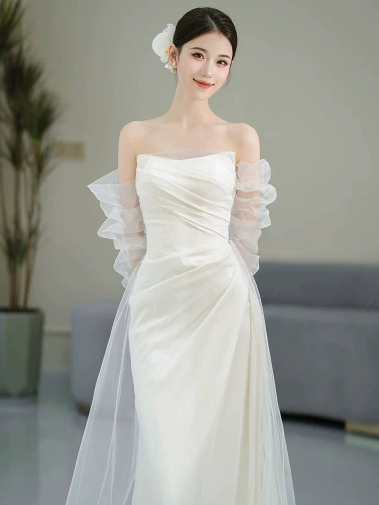 Artistic Off-Shoulder Tulle Satin Wedding Dress Long Sleeve Mermaid Bridal Outfit AP7001