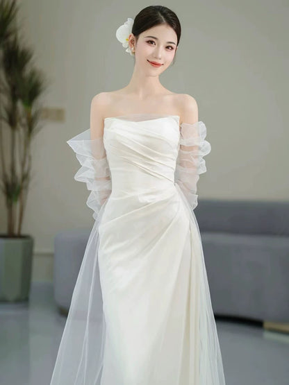 Artistic Off-Shoulder Tulle Satin Wedding Dress Long Sleeve Mermaid Bridal Outfit AP7001