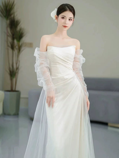Artistic Off-Shoulder Tulle Satin Wedding Dress Long Sleeve Mermaid Bridal Outfit AP7001