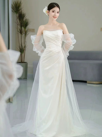 Artistic Off-Shoulder Tulle Satin Wedding Dress Long Sleeve Mermaid Bridal Outfit AP7001