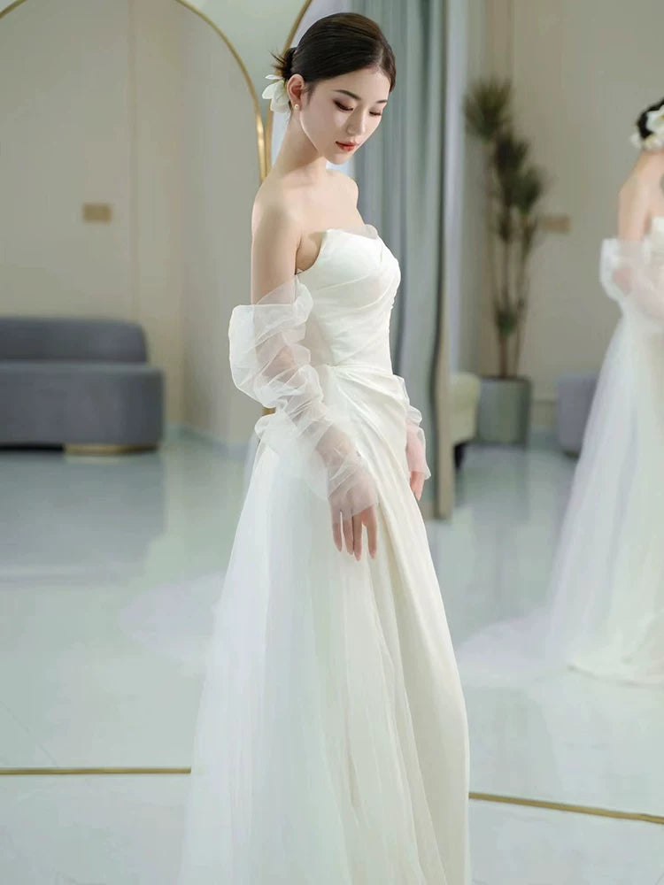 Artistic Off-Shoulder Tulle Satin Wedding Dress Long Sleeve Mermaid Bridal Outfit AP7001