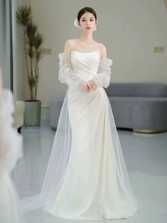 Artistic Off-Shoulder Tulle Satin Wedding Dress Long Sleeve Mermaid Bridal Outfit AP7001