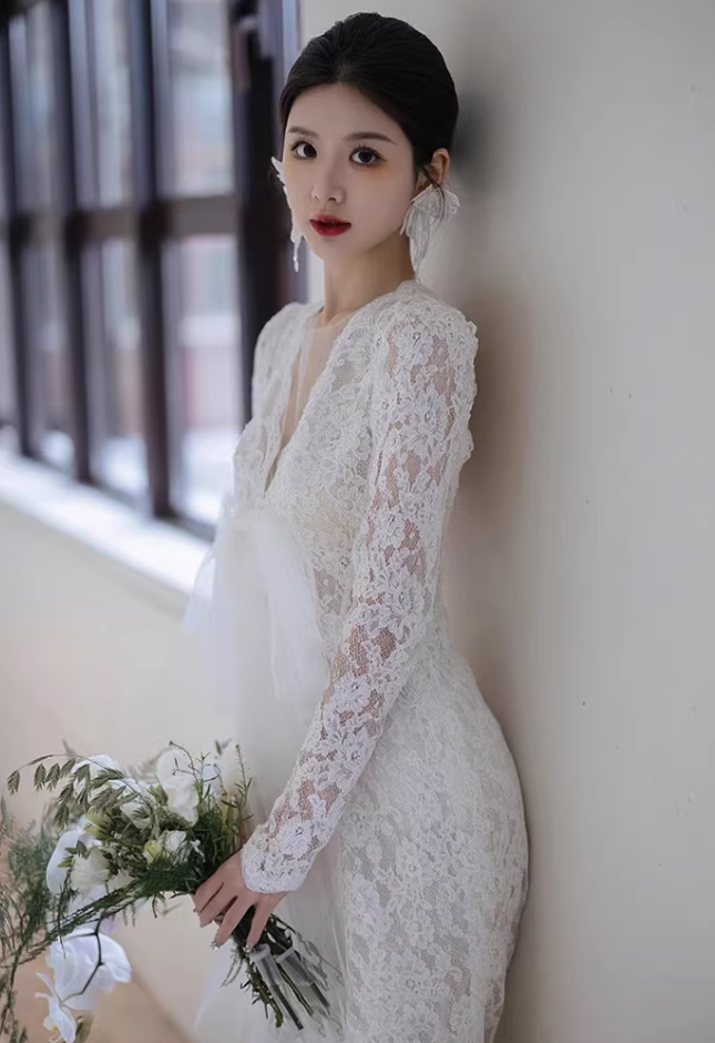 Dreamy Illusion Neck Lace Beads Wedding Dress Long Sleeve Backless Mermaid Bridal Outfit AP7002