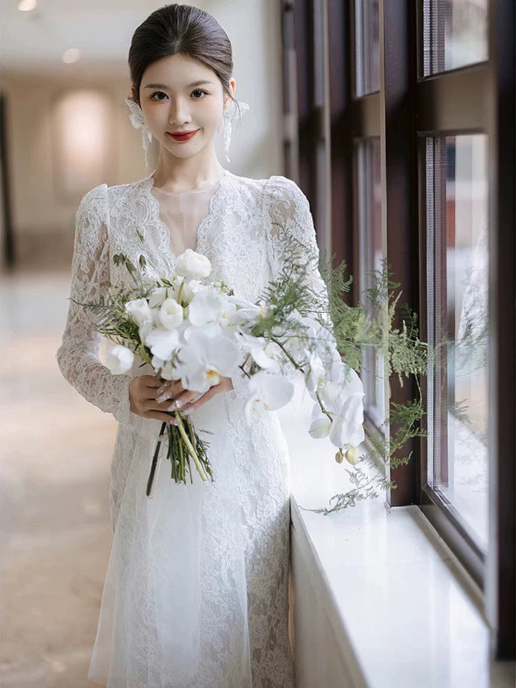 Dreamy Illusion Neck Lace Beads Wedding Dress Long Sleeve Backless Mermaid Bridal Outfit AP7002