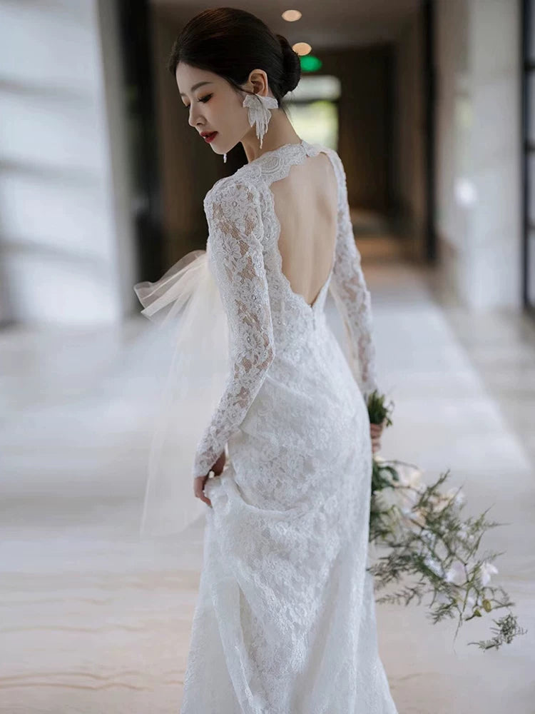 Dreamy Illusion Neck Lace Beads Wedding Dress Long Sleeve Backless Mermaid Bridal Outfit AP7002