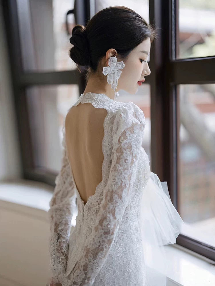 Dreamy Illusion Neck Lace Beads Wedding Dress Long Sleeve Backless Mermaid Bridal Outfit AP7002