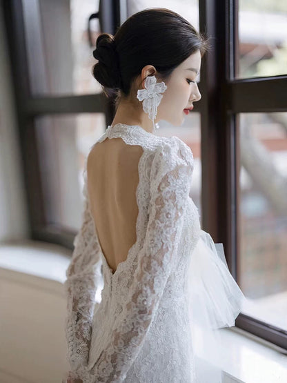 Dreamy Illusion Neck Lace Beads Wedding Dress Long Sleeve Backless Mermaid Bridal Outfit AP7002