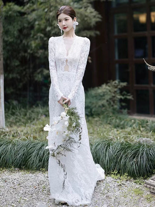 Dreamy Illusion Neck Lace Beads Wedding Dress Long Sleeve Backless Mermaid Bridal Outfit AP7002