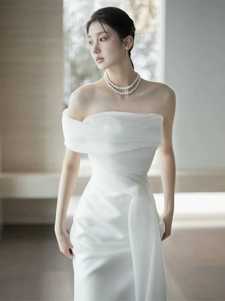 Ethereal Satin Tulle Mermaid Wedding Dress Off-Shoulder Bridal Outfit AP7003