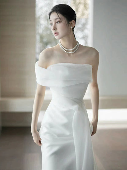Ethereal Satin Tulle Mermaid Wedding Dress Off-Shoulder Bridal Outfit AP7003