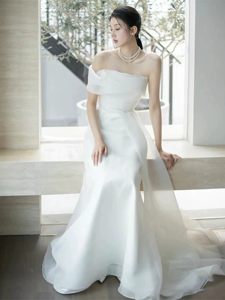 Ethereal Satin Tulle Mermaid Wedding Dress Off-Shoulder Bridal Outfit AP7003