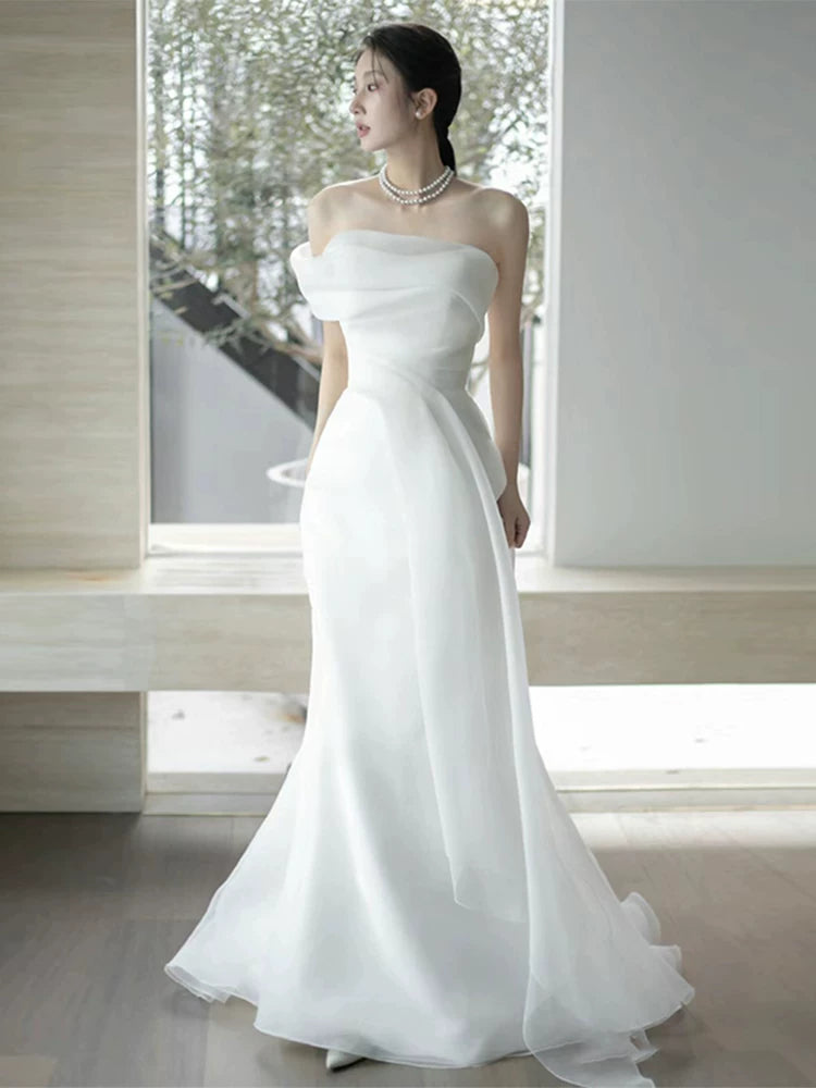 Ethereal Satin Tulle Mermaid Wedding Dress Off-Shoulder Bridal Outfit AP7003