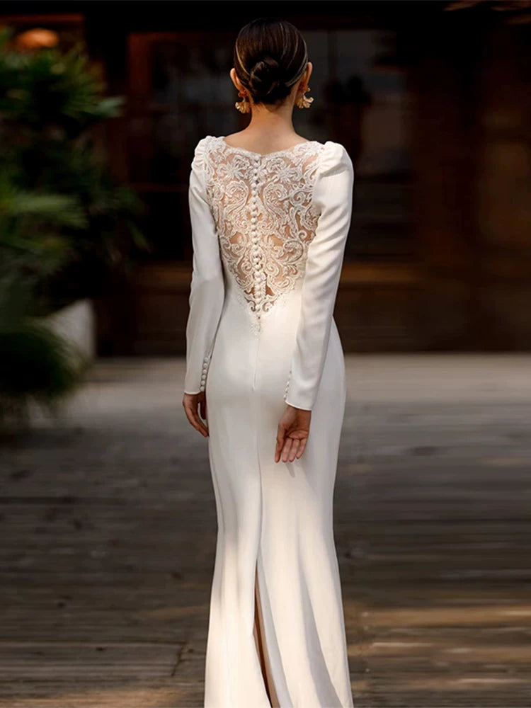 Sheen Sheath V Neck Satin Wedding Dress Long Sleeve Appliques Slit Bridal Outfit AP7004