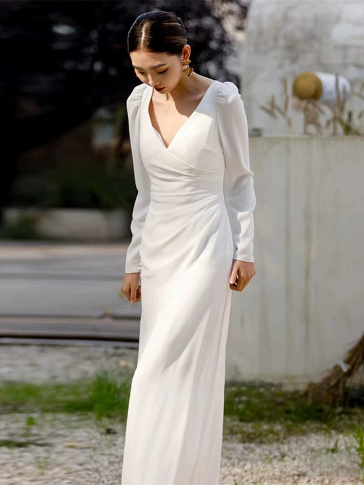 Sheen Sheath V Neck Satin Wedding Dress Long Sleeve Appliques Slit Bridal Outfit AP7004