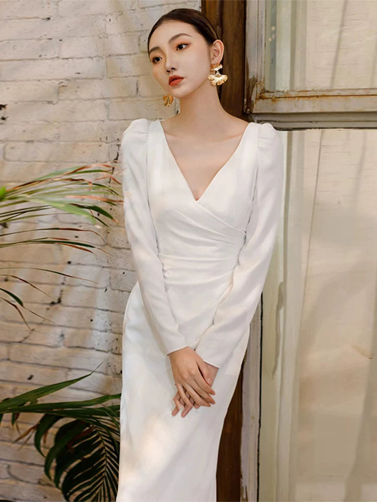 Sheen Sheath V Neck Satin Wedding Dress Long Sleeve Appliques Slit Bridal Outfit AP7004