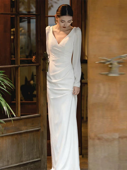 Sheen Sheath V Neck Satin Wedding Dress Long Sleeve Appliques Slit Bridal Outfit AP7004