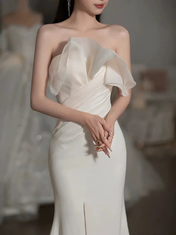 Alluring Strapless Mermaid Wedding Dress Ruffles Satin Slit Bridal Outfit AP7005