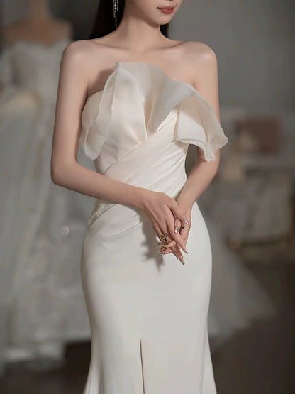Alluring Strapless Mermaid Wedding Dress Ruffles Satin Slit Bridal Outfit AP7005